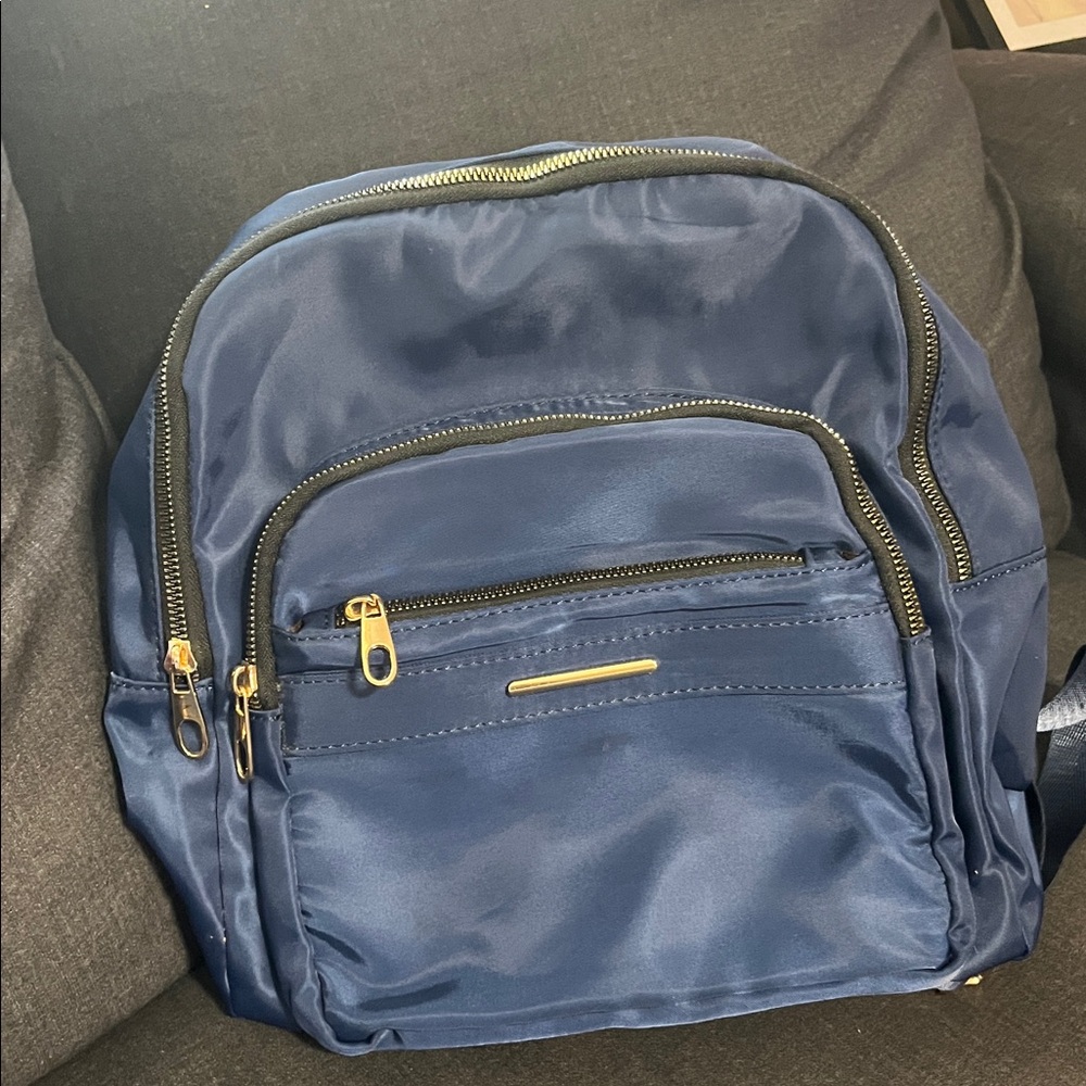 2 Piece Satin Navy Backpack and Crossbody with Gold Accents. - Picture 2 of 5